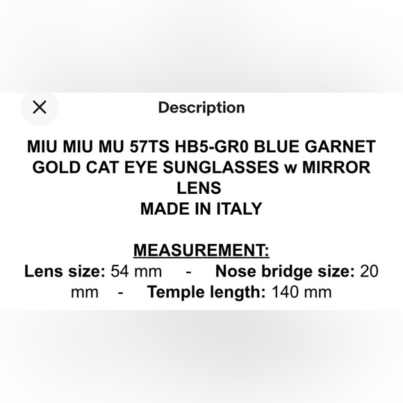 miu miu 57TS HB5-GRO Blue garnet gold cat eye ‼️Size 54-20-140 Authentic - Picture 13 of 15